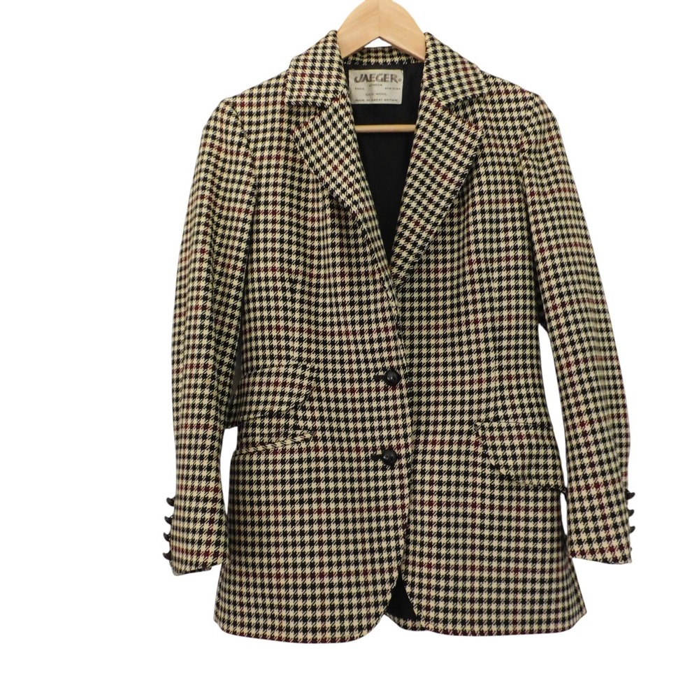 Vintage Jaeger 100% Wool Houndstooth Blazer Riding Jacket Size 2 Great Britian